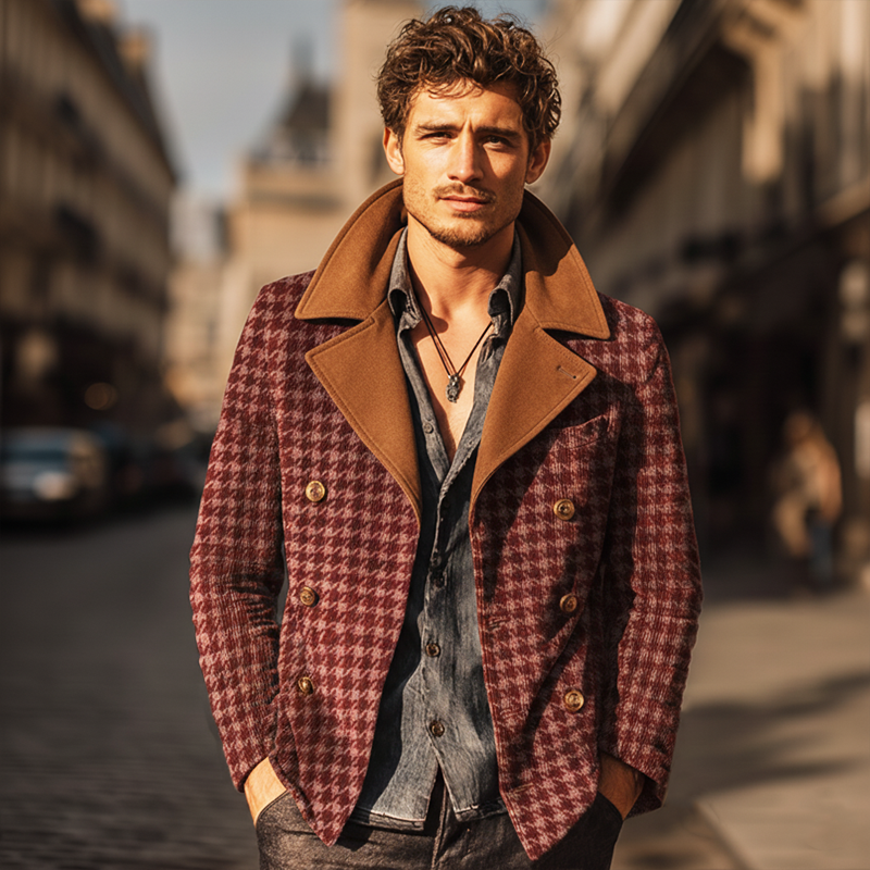 Men's Vintage Houndstooth Faux Wool And Suede Double-Breasted Jacket MTA1611J7U