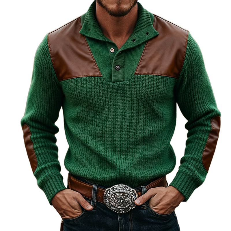 Men's Retro Casual Faux Leather Stitching Knitted Lapel Pullover Sweater MTA2451J4TO