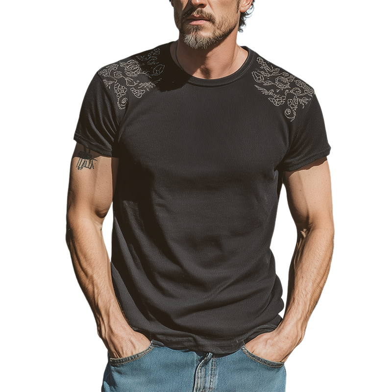 Men's Spring And Summer Fashion Casual Shoulder Embroidery Cotton Blended Ribbed Texture Slim Round Neck Short-sleeved T-shirt MTA1103G8K