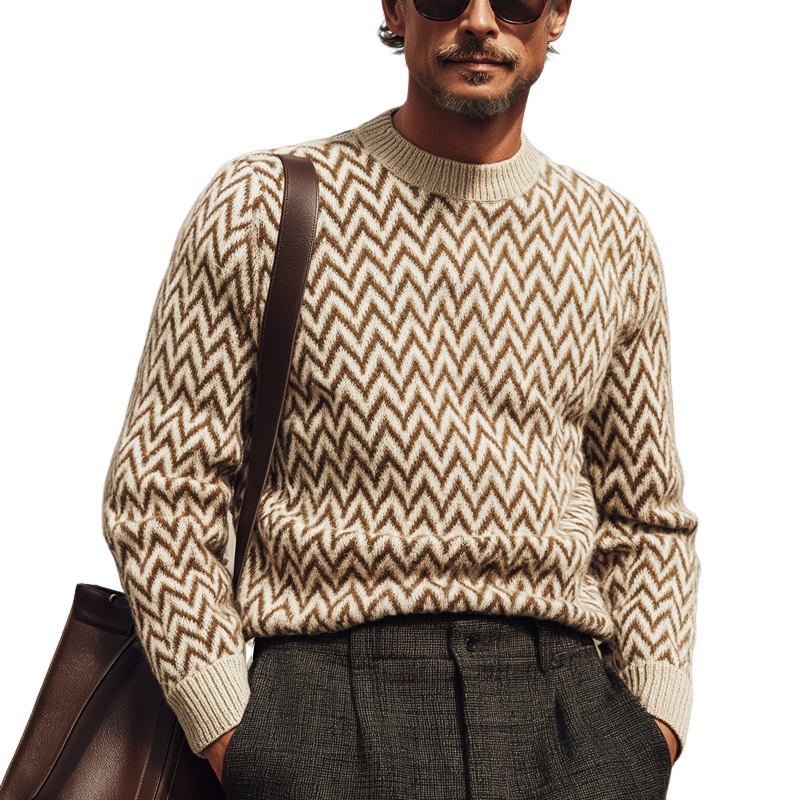 Men's Vintage Zigzag Colorblock Jacquard Crew Neck Sweater MTA2192J2U