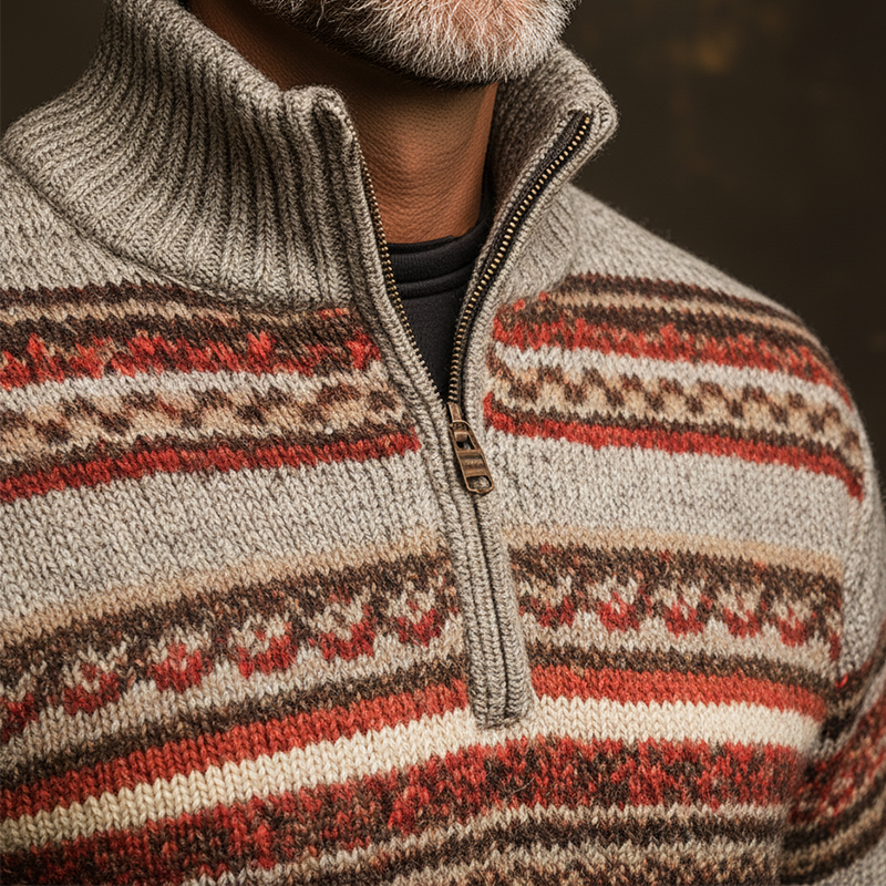 Men's Winter Retro Knitted Jacquard Cotton Yarn Half-Zip Sweater MTA2482K1P