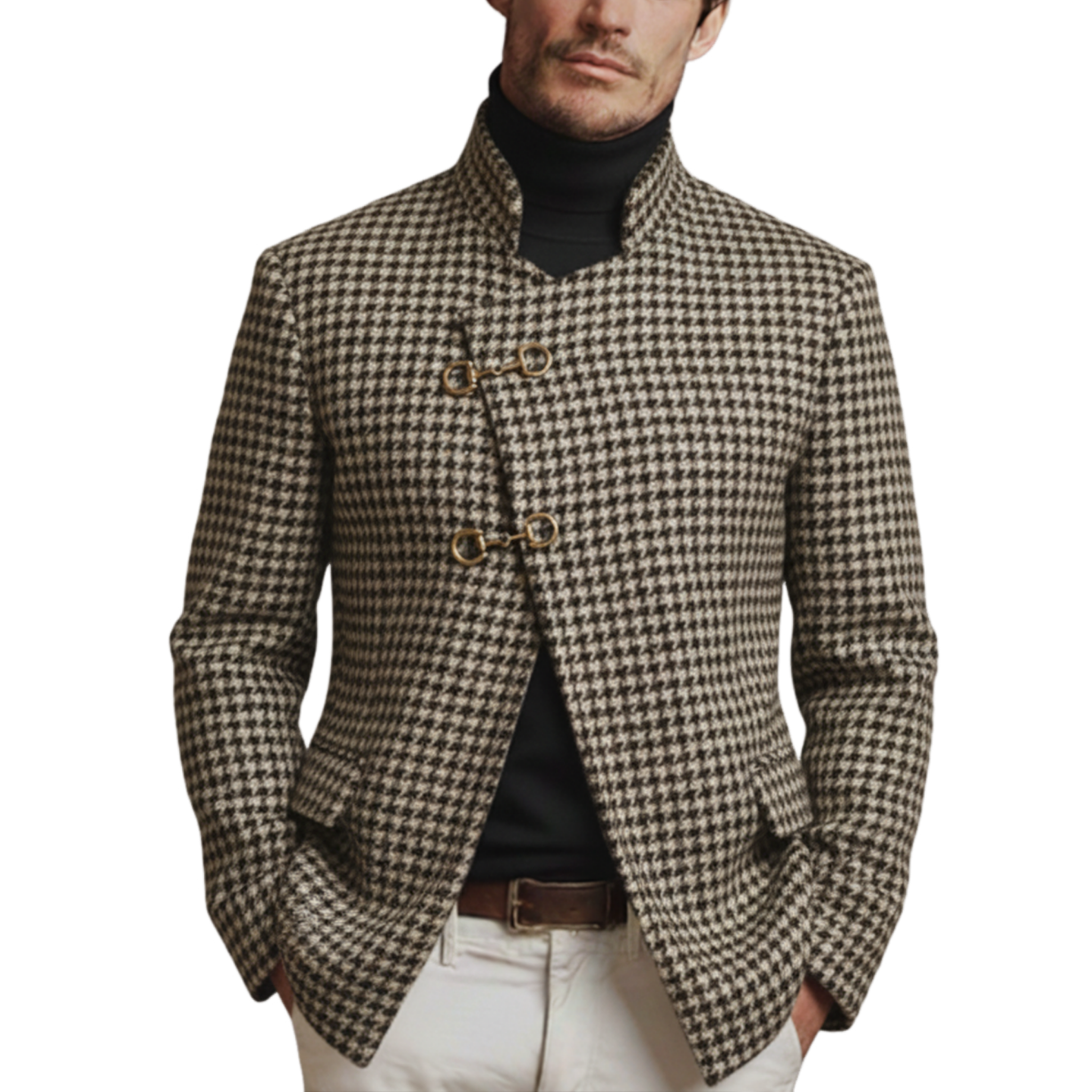 Men's Classic Retro Stand-up Collar Slanted Placket Metal Button Faux Houndstooth Wool Jacket MTA0876K0K
