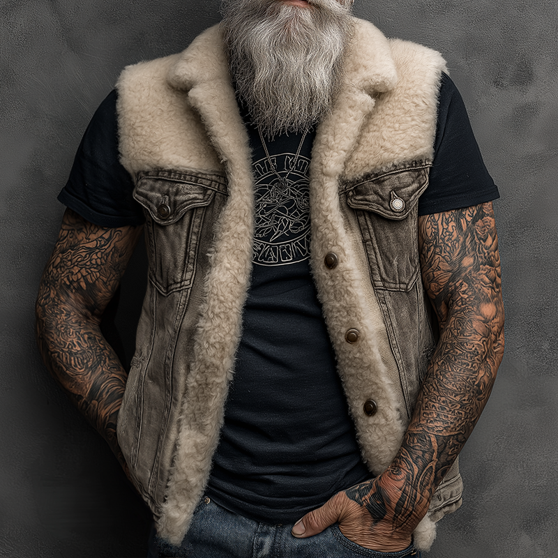 Men's Retro Casual Washed Denim Plush Splicing Lapel Vest MTA1668I9TO