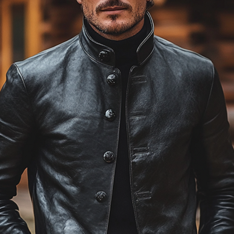 Men's Slim-fit Stand-up Collar Solid Color PU Button Jacket MTA2381J3X