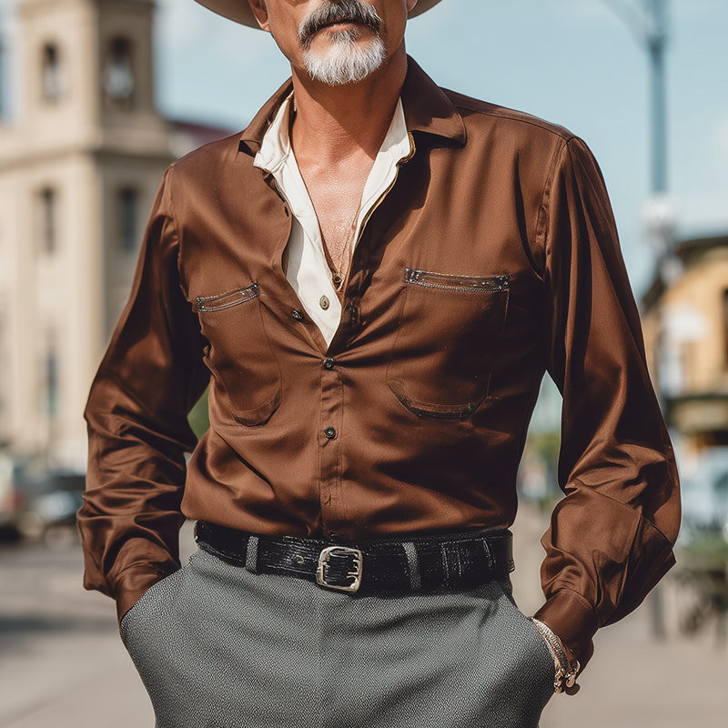 Men's Fashion Solid Color Lantern Sleeve Satin Long Sleeve Shirt MTA2973H2P