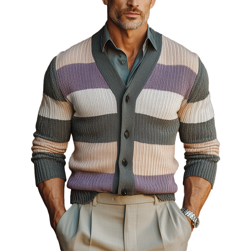 Men's Autumn Fashion Contrast Stripe Knitted Sweater Cardigan MTA1686I5P