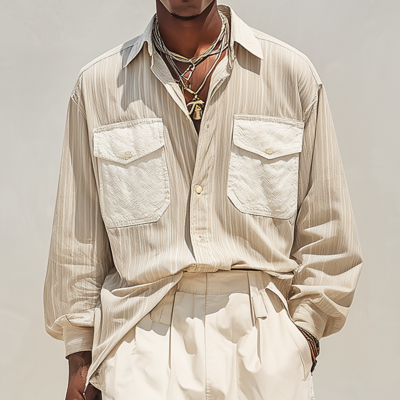 Men's Fashion Breathable Striped Textured Fabric Patchwork Lapel Chest Pocket Loose Long Sleeve Shirt MTA0411G3M