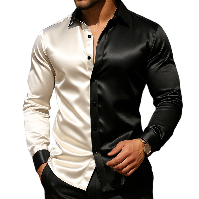 Men's Retro Casual Satin Colorblock Lapel Long Sleeve Shirt MTA2238G2TO