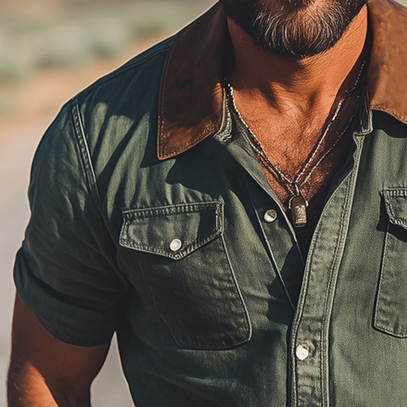 Men's Summer Western Cowboy Style Colorblock Denim Short-Sleeved Shirt MTA1563E0U