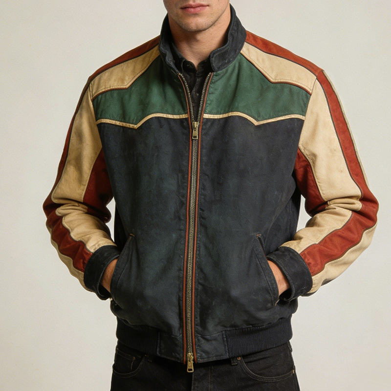 Men's Casual Retro Style Cotton Washed Color Block Stand Collar Zipper Jacket MTA1504L0TO