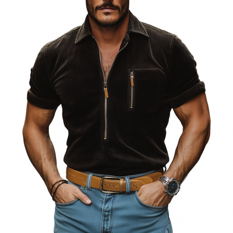 Men's Vintage Corduroy Zipper Lapel Chest Pocket Slim Fit Pullover Short Sleeve Shirt MTA3029G7M