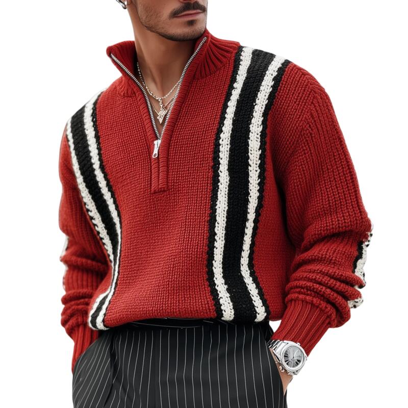 Men's Vintage Contrast Striped Breathable Knit Zipper Stand Collar Loose Pullover Sweater MTA2841H3M