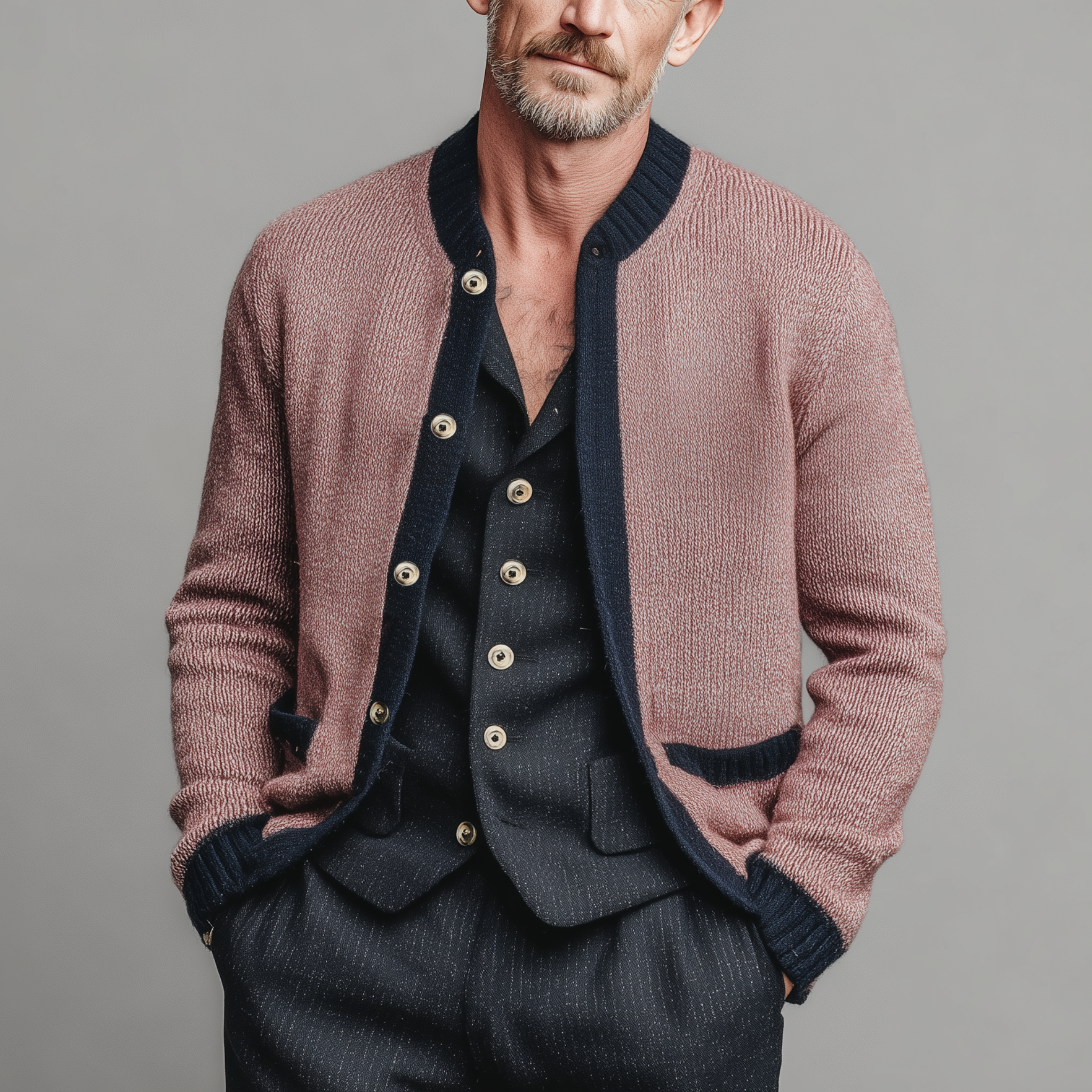 Men's Classic Casual Pink And Navy Blue Knitted Cardigan MTA2660I0K