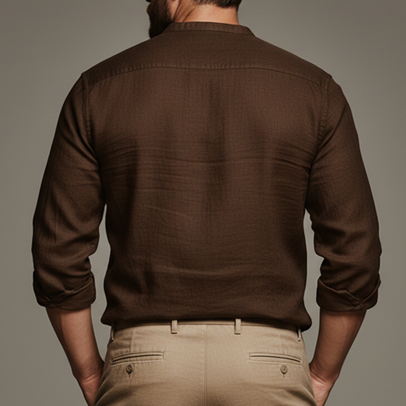 Men's Classic Cotton And Linen Dark Brown Button-down Collar Long-sleeved T-shirt MTZ0549B3U