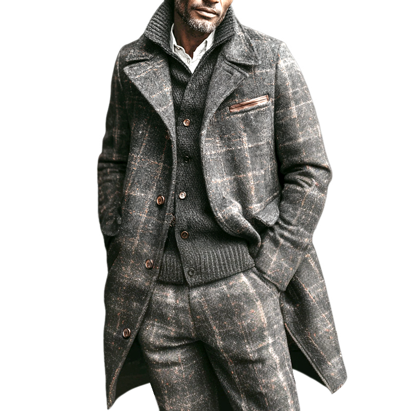 Men's Faux Wool Check Lapel PU Splicing Chest Pocket Mid-length Coat MTA1089I0Z