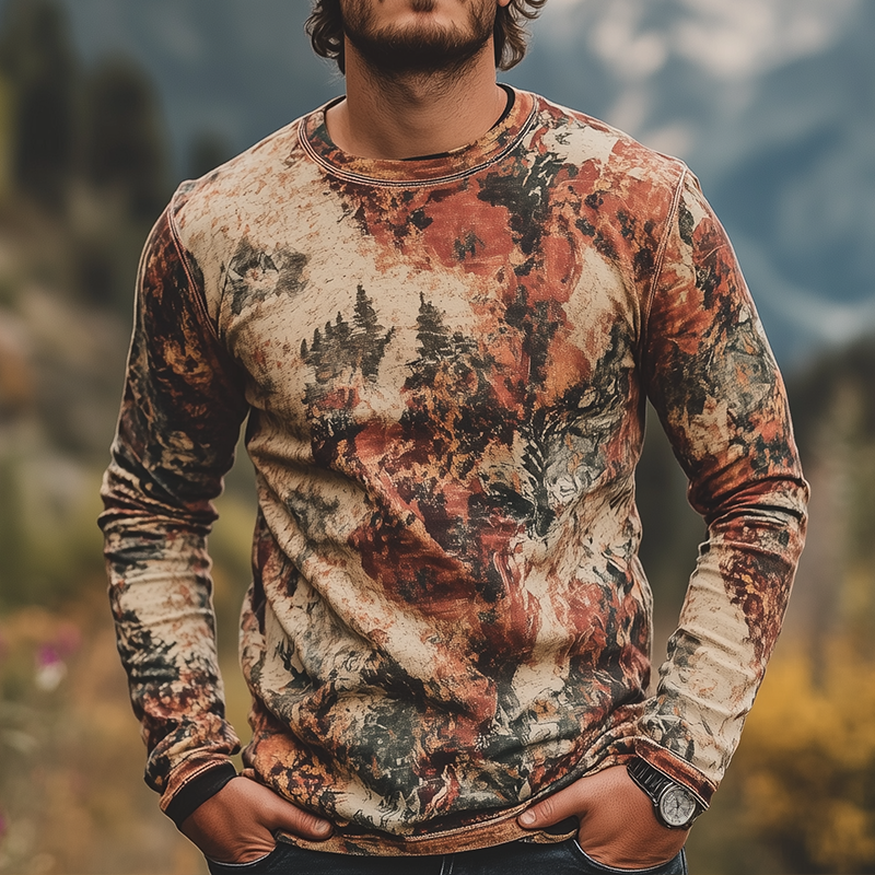 Men's Retro Casual Hippie Floral Print Garden Neck Long Sleeve T-Shirt MTA3058G1TO