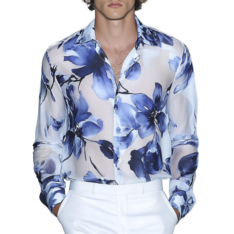 Men's Hawaiian Resort Print Long Sleeve Lapel Shirt MTA0617F7X