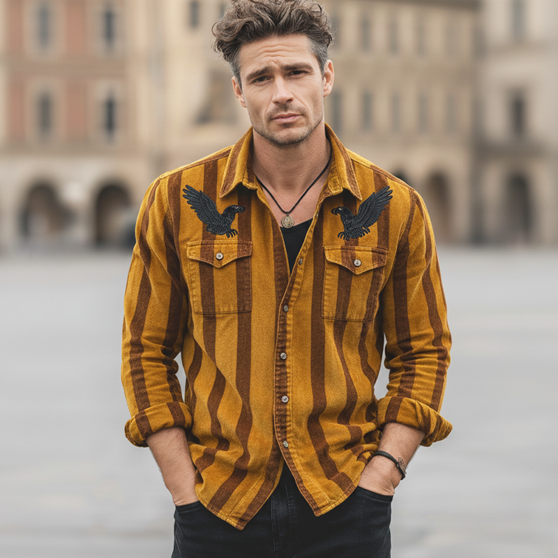 Men's Classic Striped Eagle Embroidered Casual Long-sleeved Shirt MTZ0552A4U