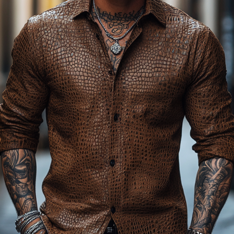 Men's Retro Slim Fit Crocodile Print Leather Long Sleeve Shirt 91283796F