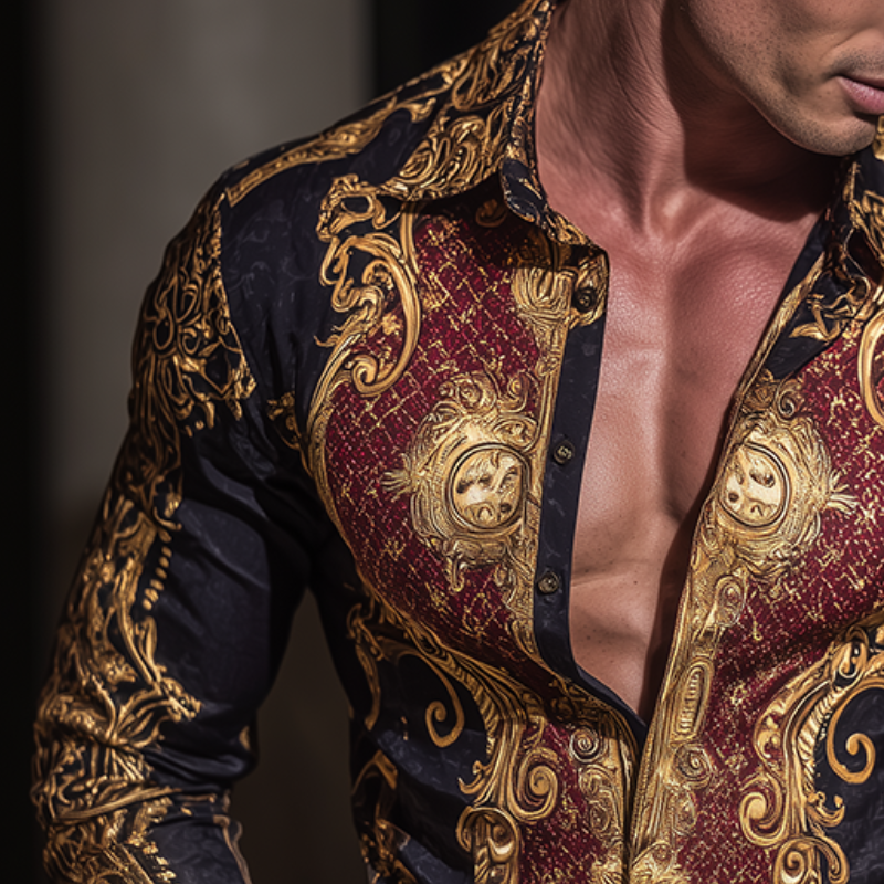 Men's Retro Casual Baroque Print Lapel Long Sleeve Shirt MTA3013G5TO