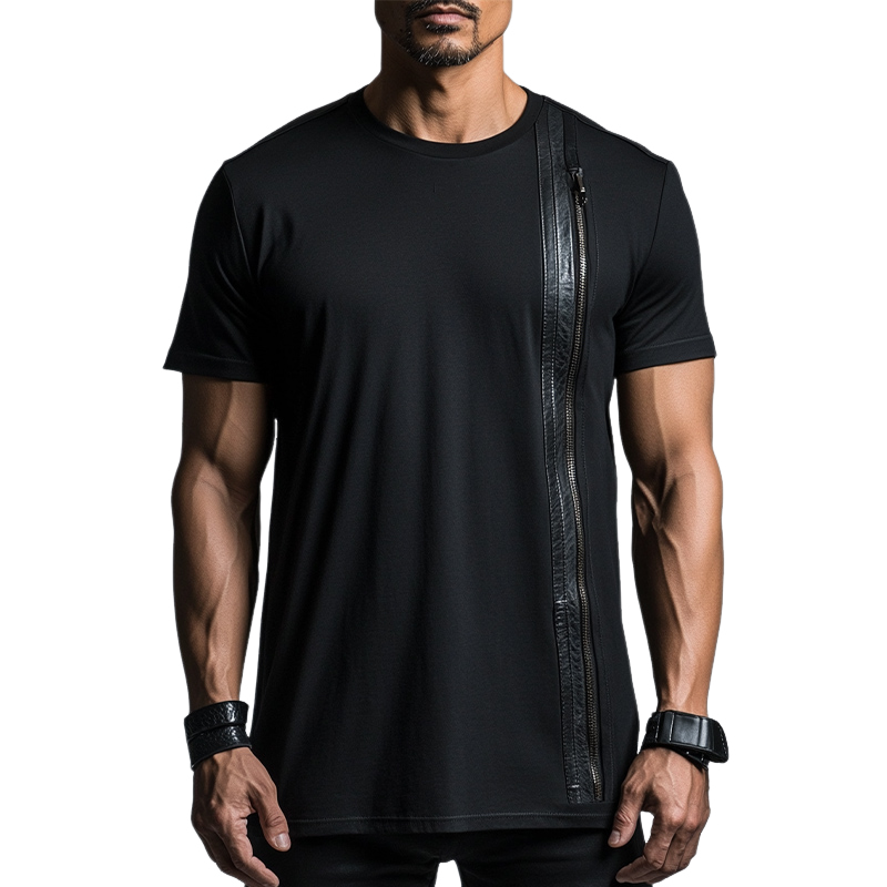 Men's Casual Cotton Leather Zip-up Short-sleeved T-shirt 86581822U