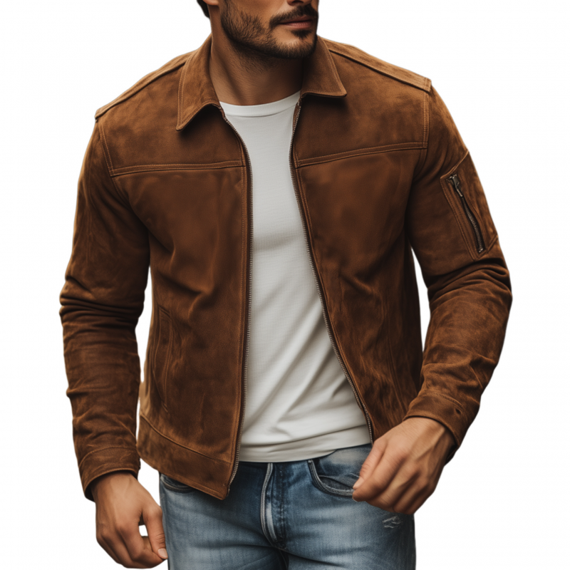 Men's Vintage Solid Faux Suede Lapel Zipper Placket Sleeve Pocket Slim Fit Jacket MTA2584G5M