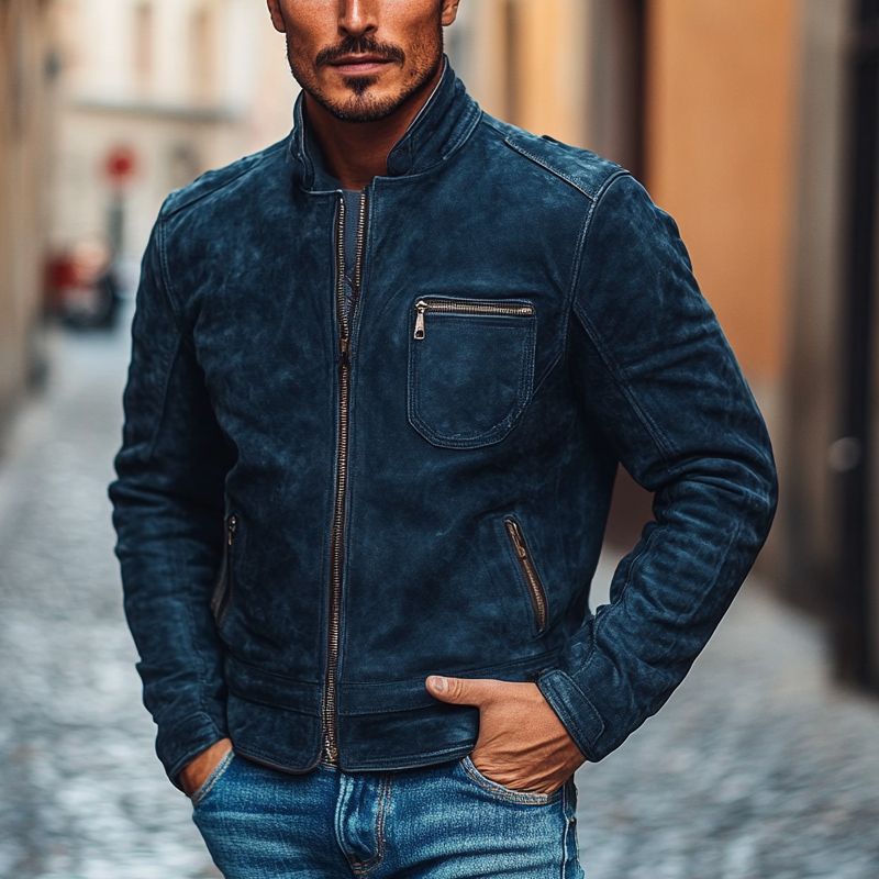 Men's Vintage Faux Suede Stand Collar Zip-Up Jacket MTA0109I0X