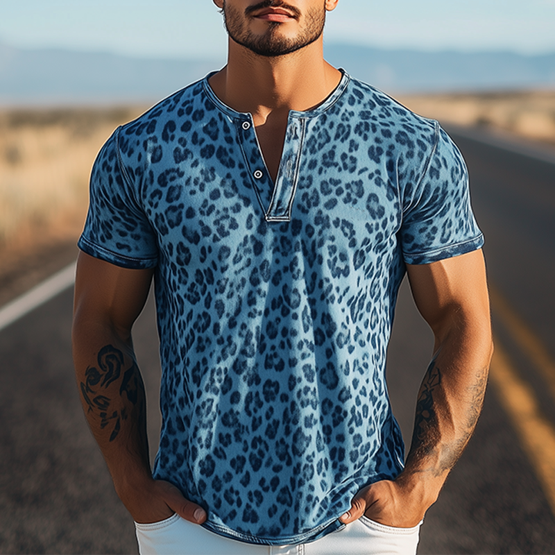Men's Spring And Summer Fashion Casual Western Cowboy Style Cotton Blended Printed Leopard Henley Collar Short Sleeve T-Shirt MTA1392E3K