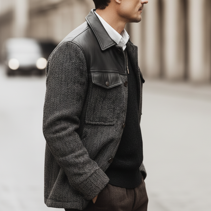 Men's Classic PU Leather Patchwork Faux Wool Button Jacket MTA3038K7U