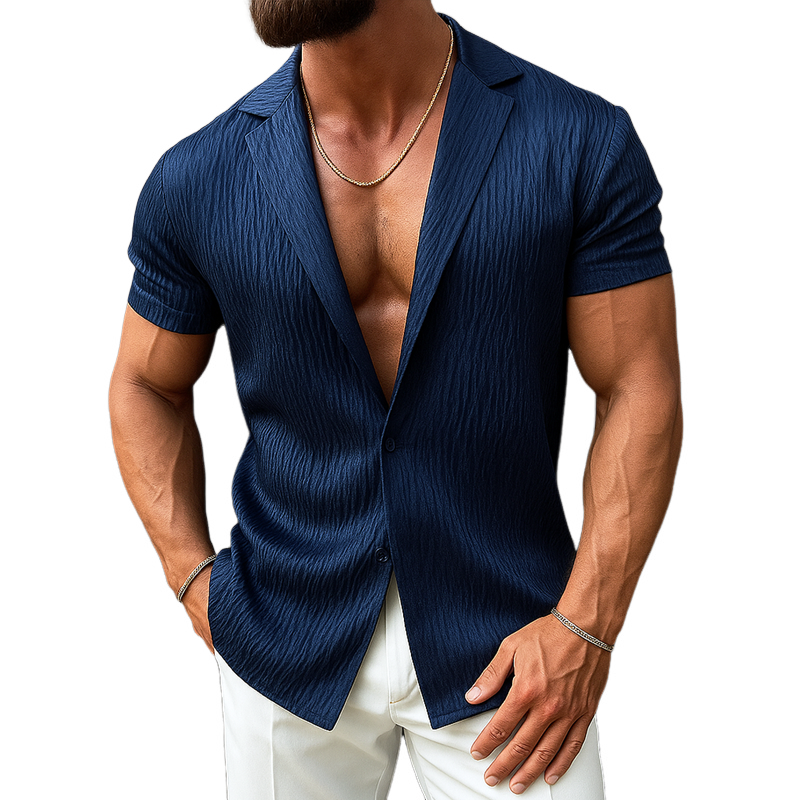 Men's Crinkled Satin Lapel Short Sleeve Shirt MTA1639G5Z