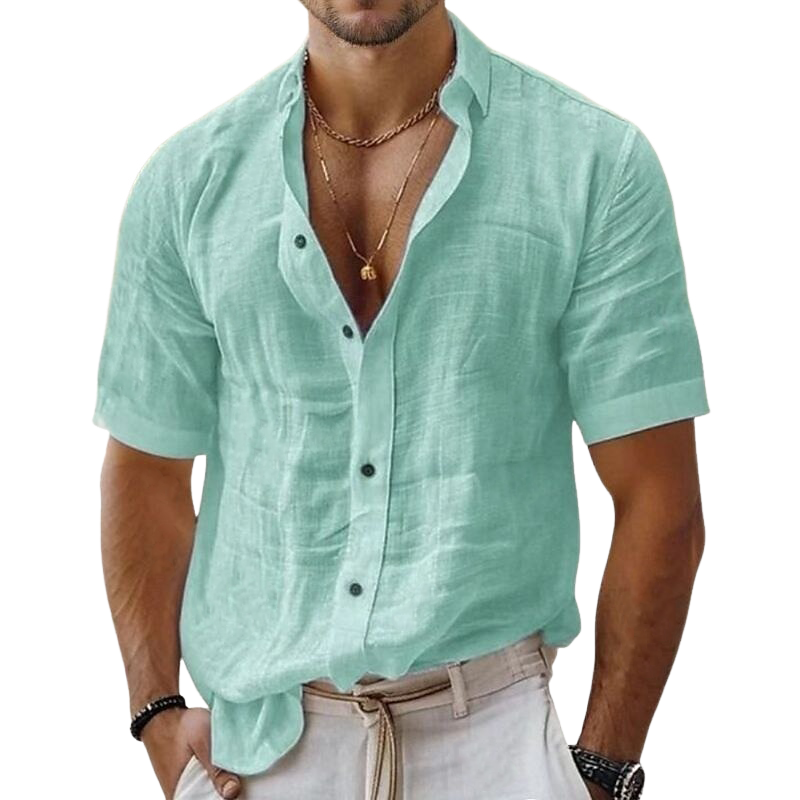 Men's Solid Color Cotton And Linen Short-sleeved Shirt MTA1937G8X