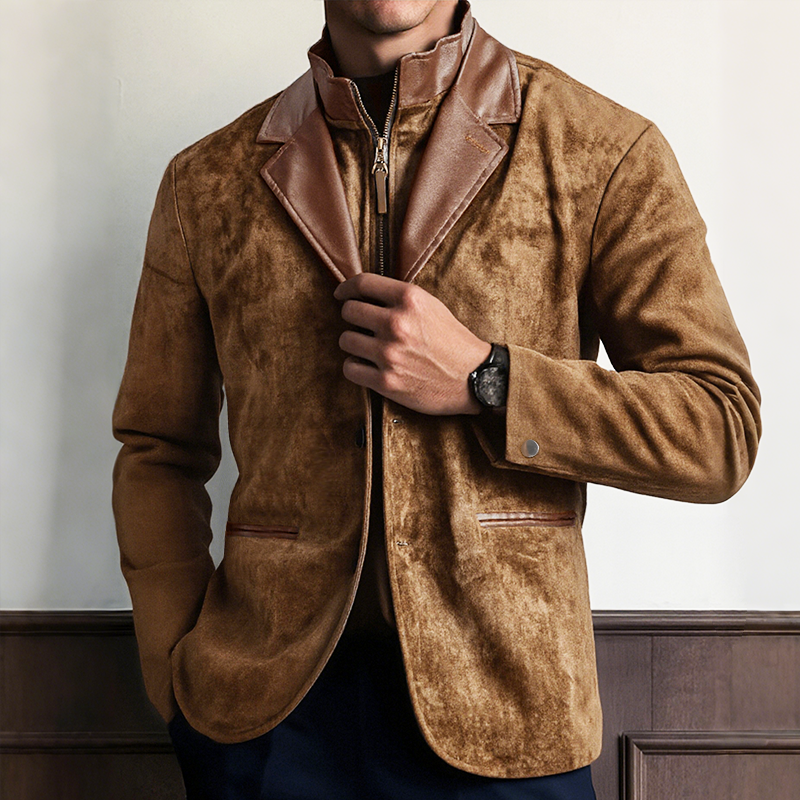 Men's Vintage Casual Faux Leather & Suede Double Collar Western Style Jacket MTA3036I7TO