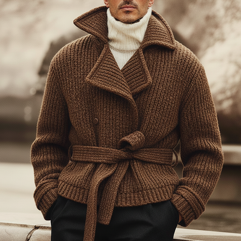 Men's Classic Notched Lapel Double-breasted Belted Knit Jacket MTA2692K0U