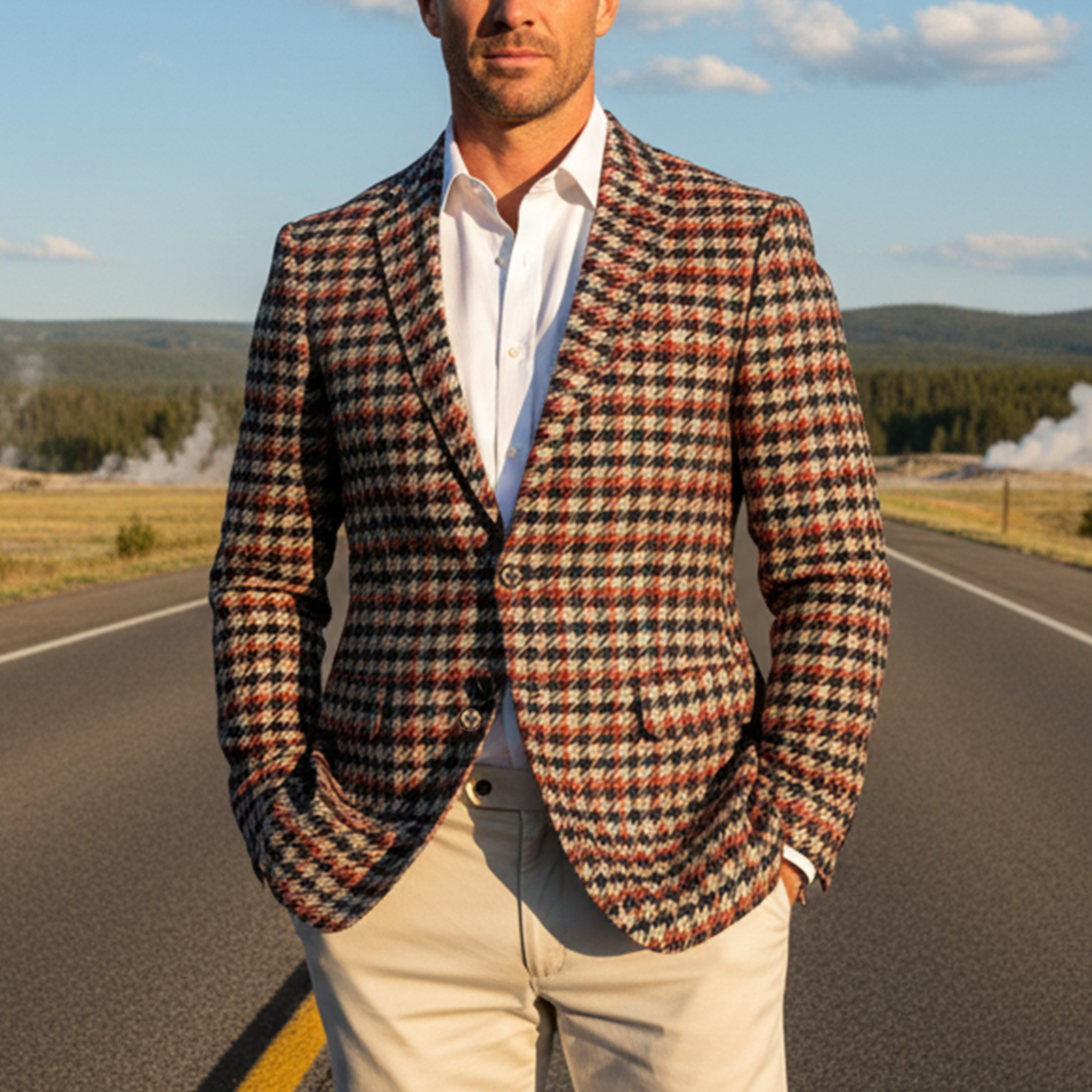 Men's Classic Light Business Contrast Faux Woolen Houndstooth Single-breasted Blazer MTA2282I1K