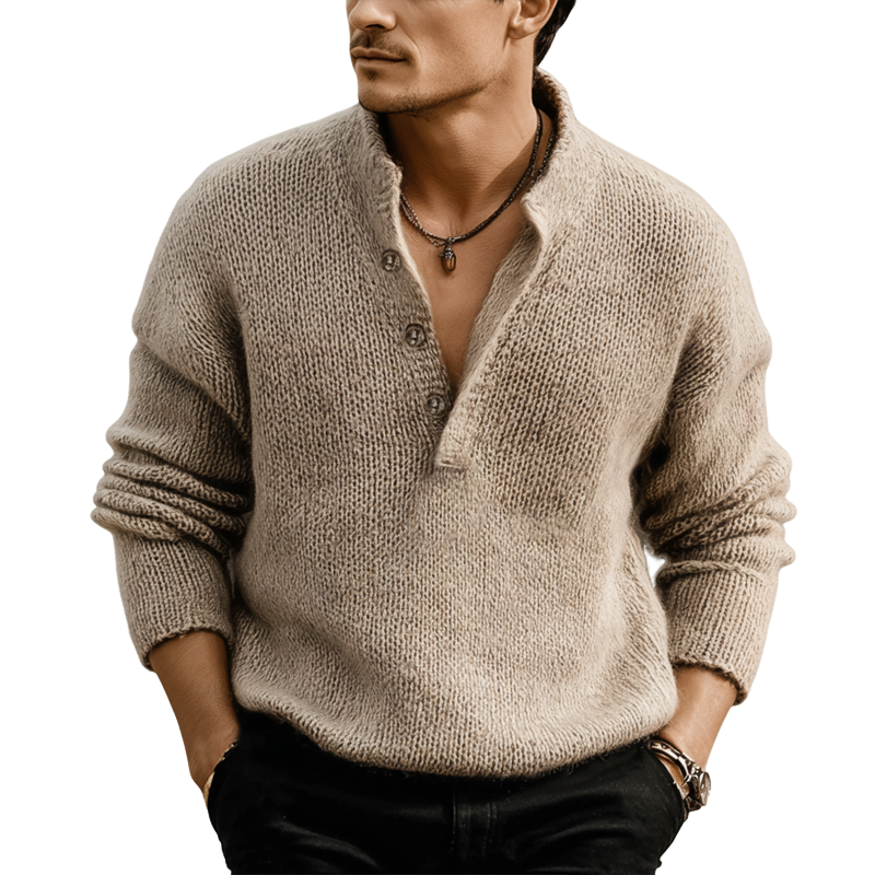 Men's Classic Light Khaki Button-up Stand-collar Knitted Sweater MTA3093K1U