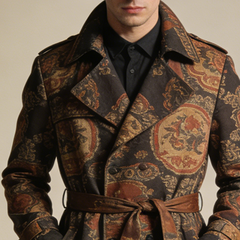 Men's Retro Casual Court Style Printed Lapel Belt Coat MTA1511L3TO