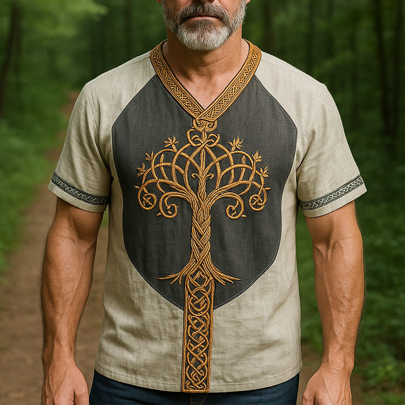 Men's Summer Retro Ethnic Style Embroidered Linen Short Sleeve T-shirt MTA2287E9P