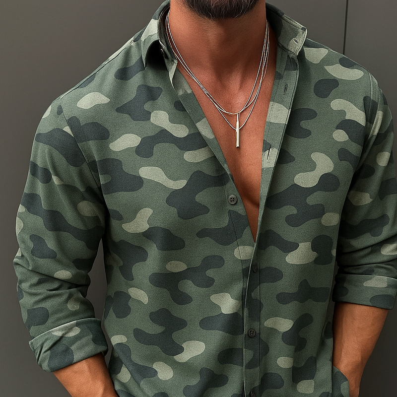 Men's Camouflage Print Lapel Long Sleeve Shirt MTA2194G4Z