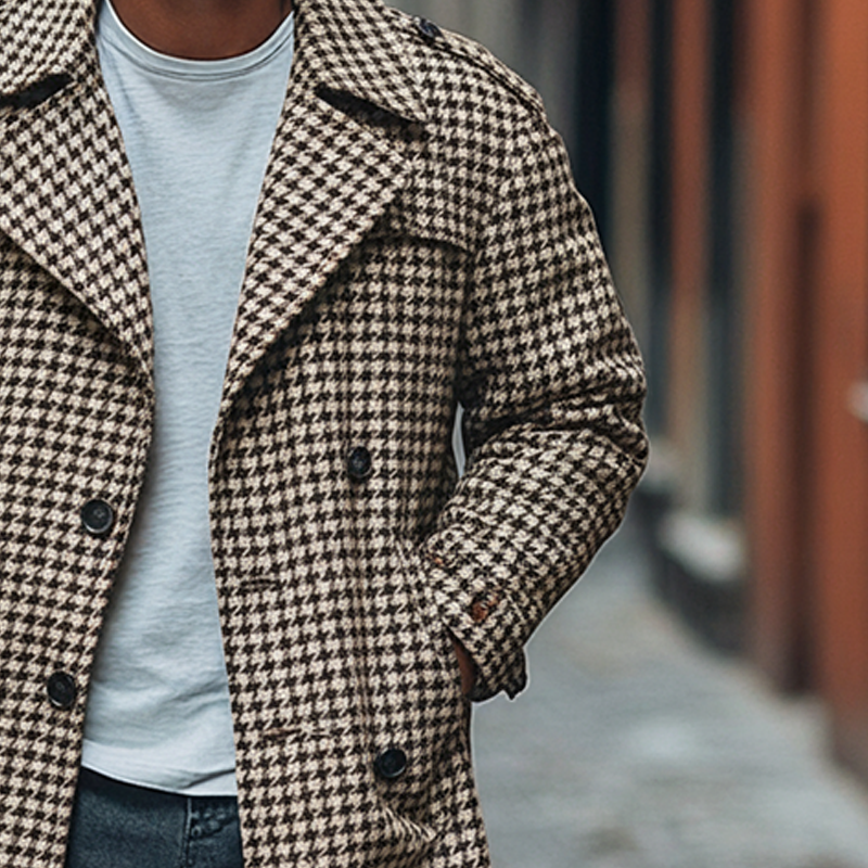 Men's Retro Houndstooth Jacquard Lapel Mid-Length Trench Coat MTA1196J0X
