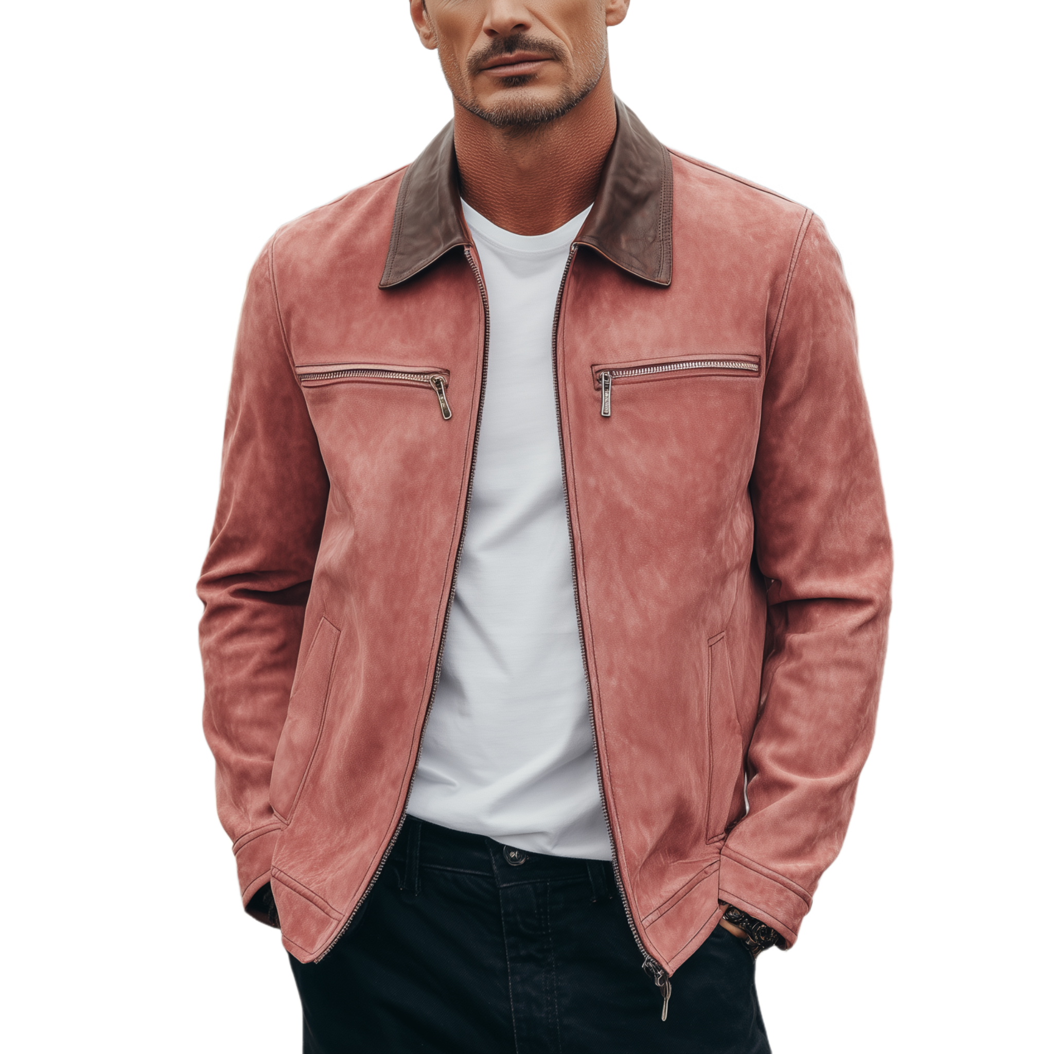 Men's Classic American Casual PU Leather Lapel Pink Suede Zipper Jacket MTA1870H9K