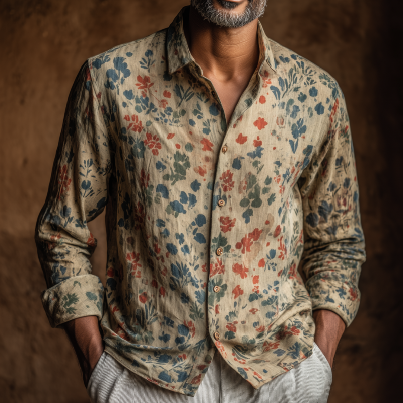 Men's Vintage Distressed Floral Print Lapel Slim Fit Long Sleeve Shirt MTA1816F3M