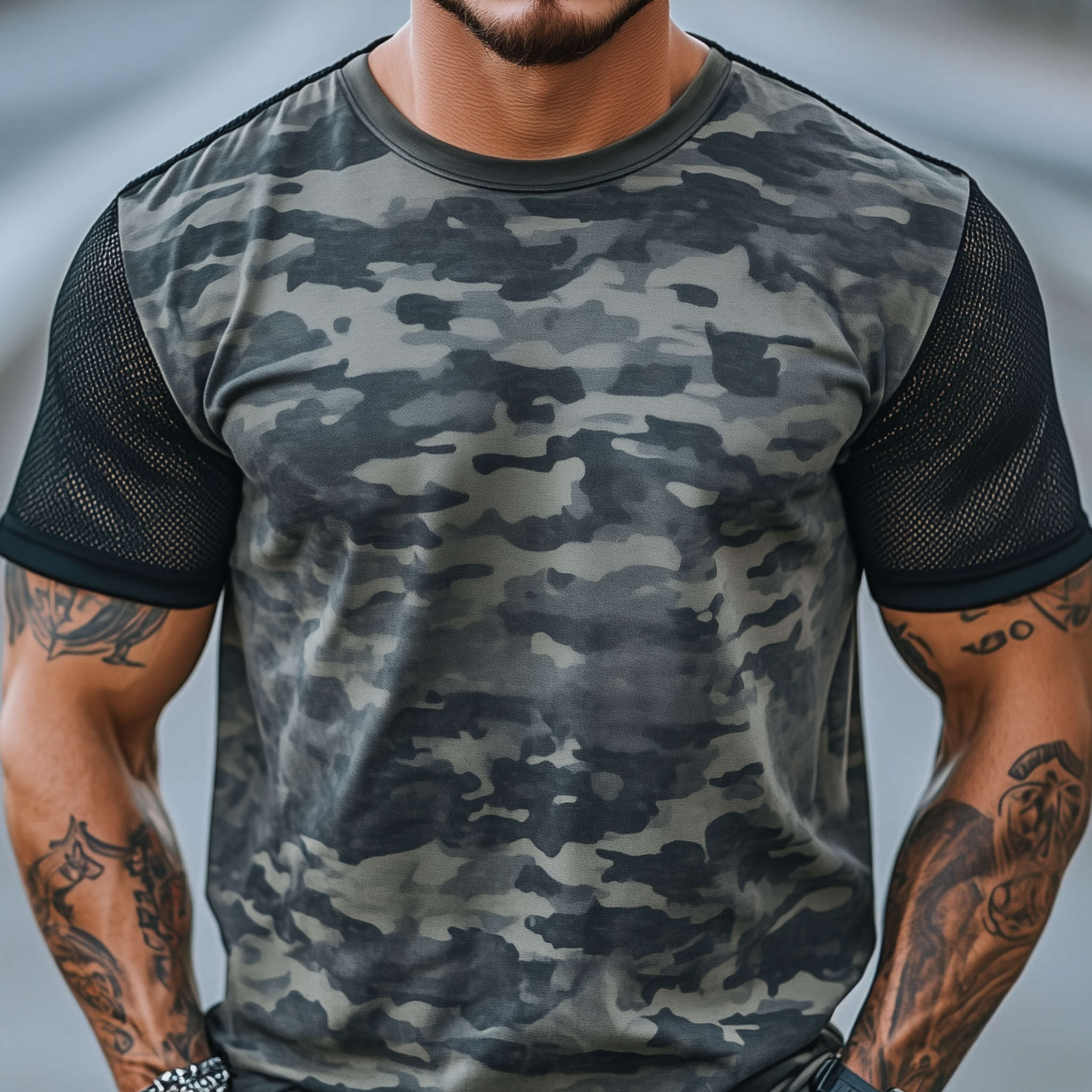 Men's Spring And Summer Casual Round Neck Camouflage Cotton Blended Splicing Mesh Short-sleeved T-shirt MTA2145G5K