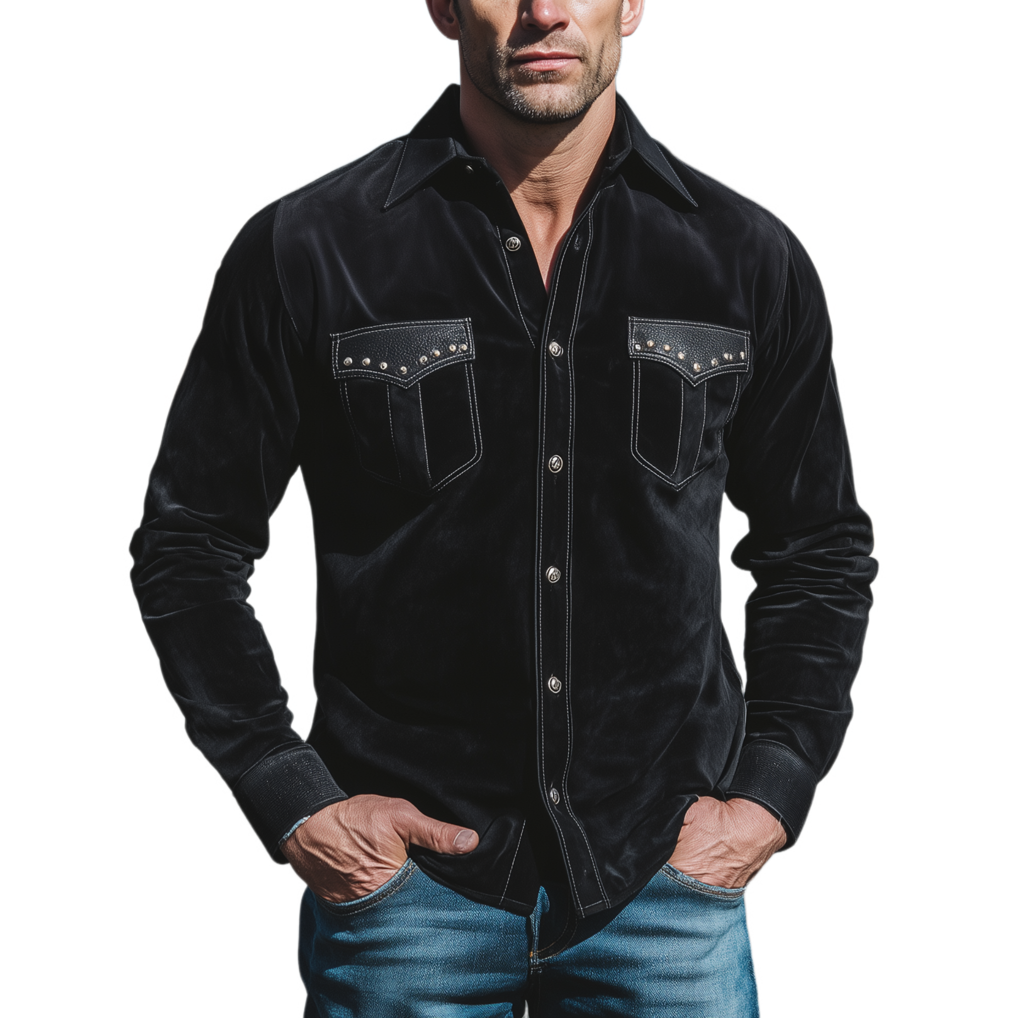 Men's Classic Casual Pocket Flap Stitching PU Leather And Decorative Metal Rivets Slim Fit Suede Long Sleeve Shirt MTA0692H5K