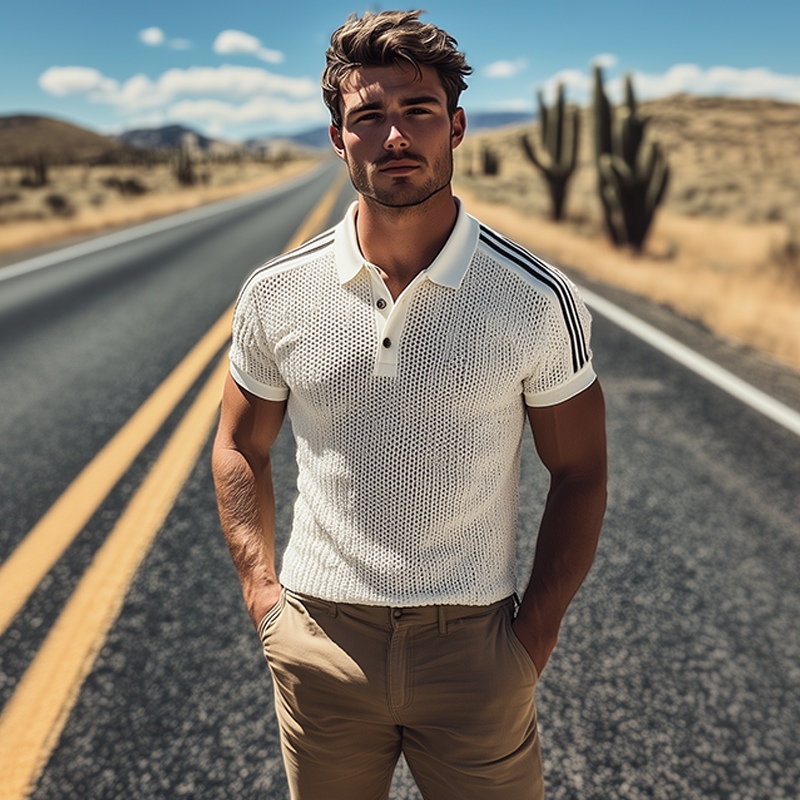 Men's Spring And Summer Fashion Casual Knitted Patchwork Striped Short-sleeved Polo Shirt MTA3083F4K