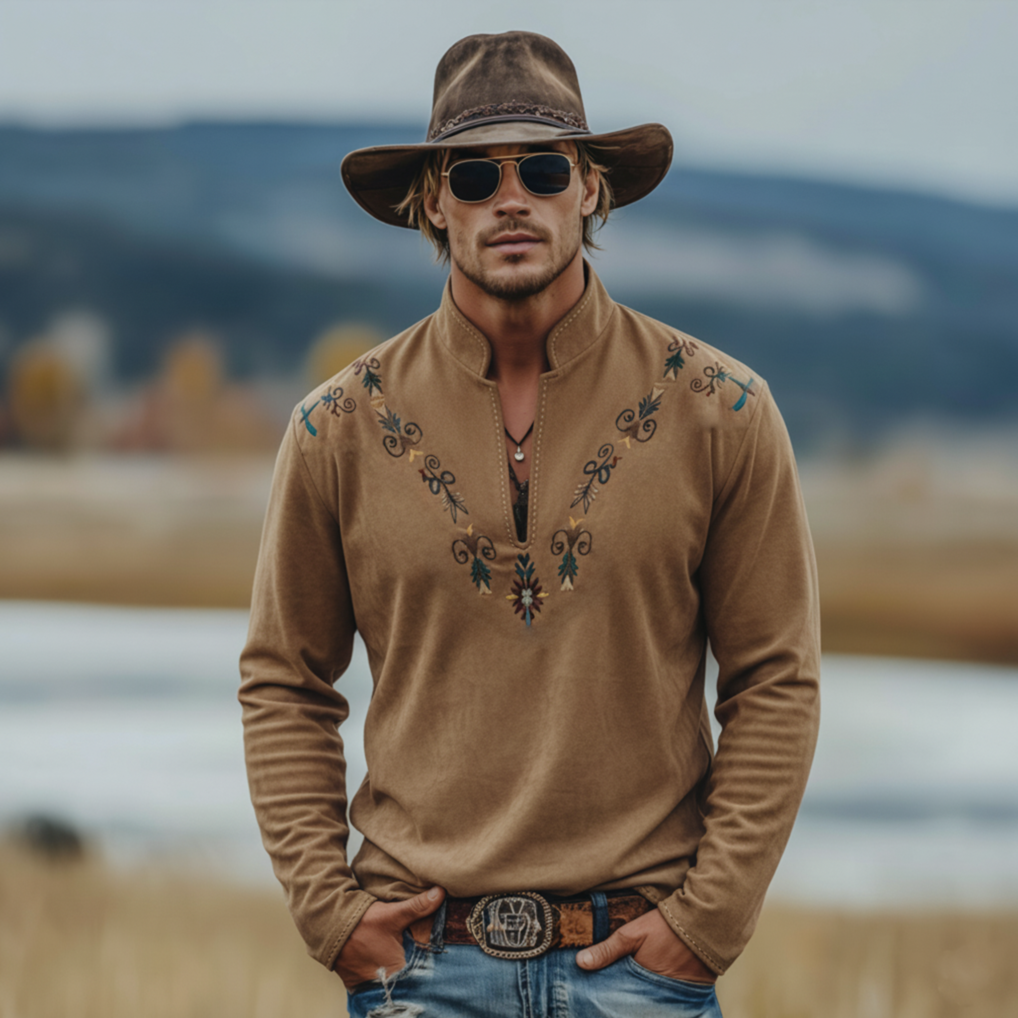 Men's Casual Western Rugged Style Stand Collar Embroidered Faux Suede Long Sleeve T-Shirt MTA2735K1K
