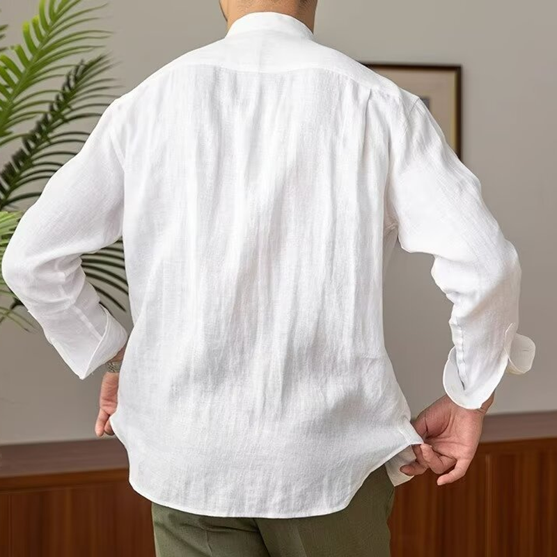 Men's Cotton And Linen Solid Color Stand Collar Long Sleeve Shirt MTA2810G8X