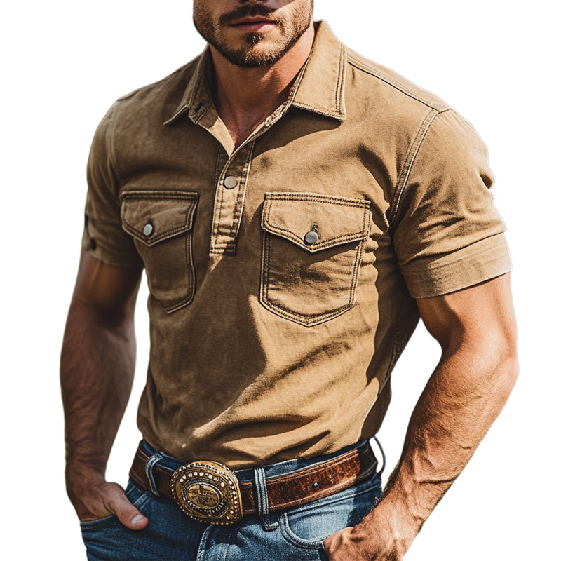 Men'S Cotton Solid Color Casual Multi-Pocket Short Sleeve Shirt MTA0975E8X