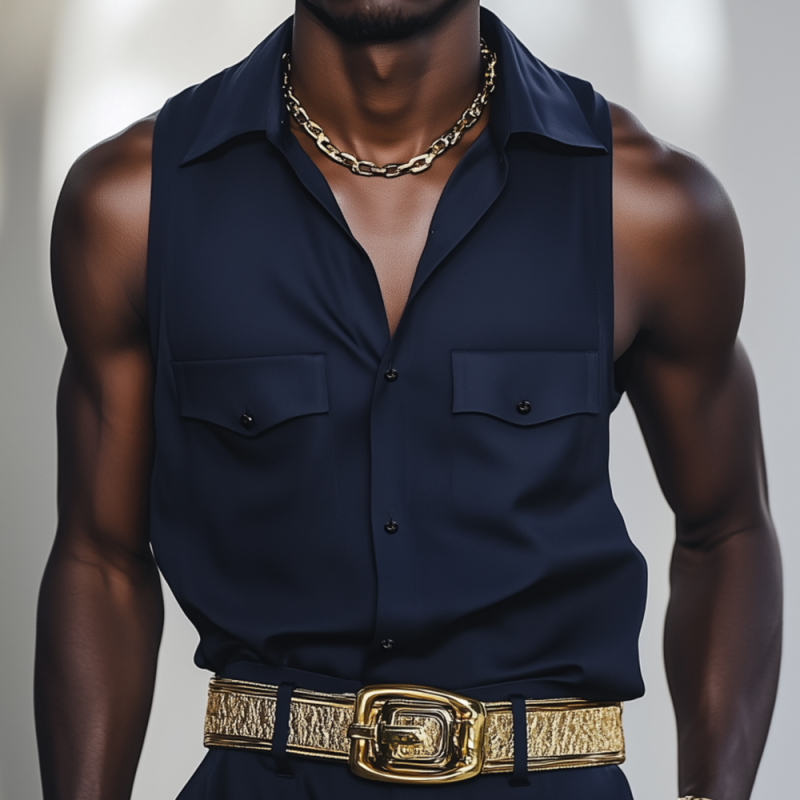 Men's Fashion Solid Color Cotton Blend Lapel Chest Pocket Loose Sleeveless Shirt MTA2451F6M