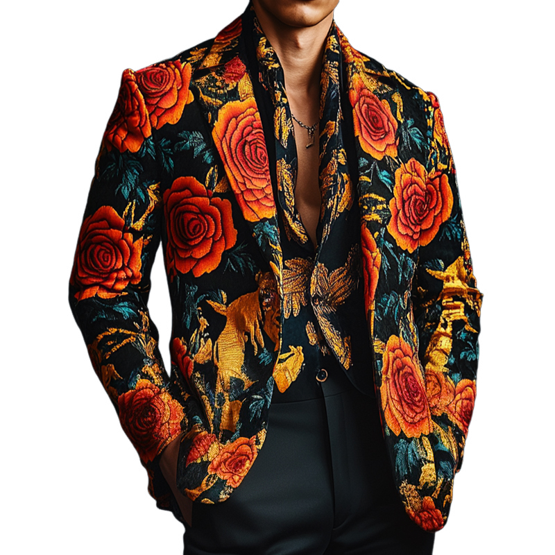 Men's Retro Western Cowboy Style Luxury Rose Print Satin Blazer MTA0622E4TO