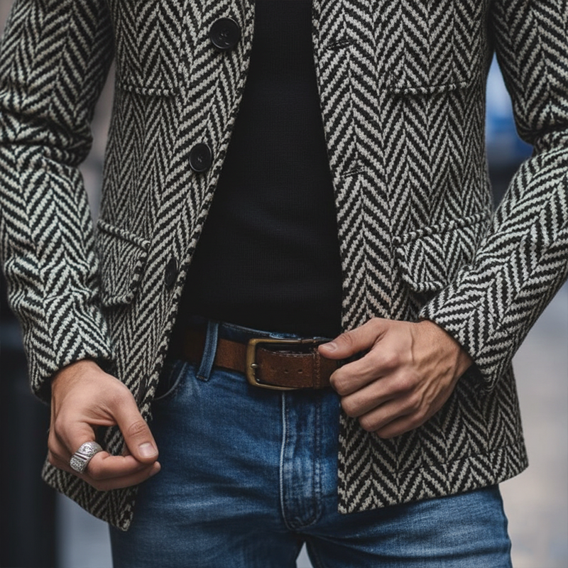 Men's Retro Minimalist Herringbone Faux Wool Multi-Pocket Jacket MTA0311K9P